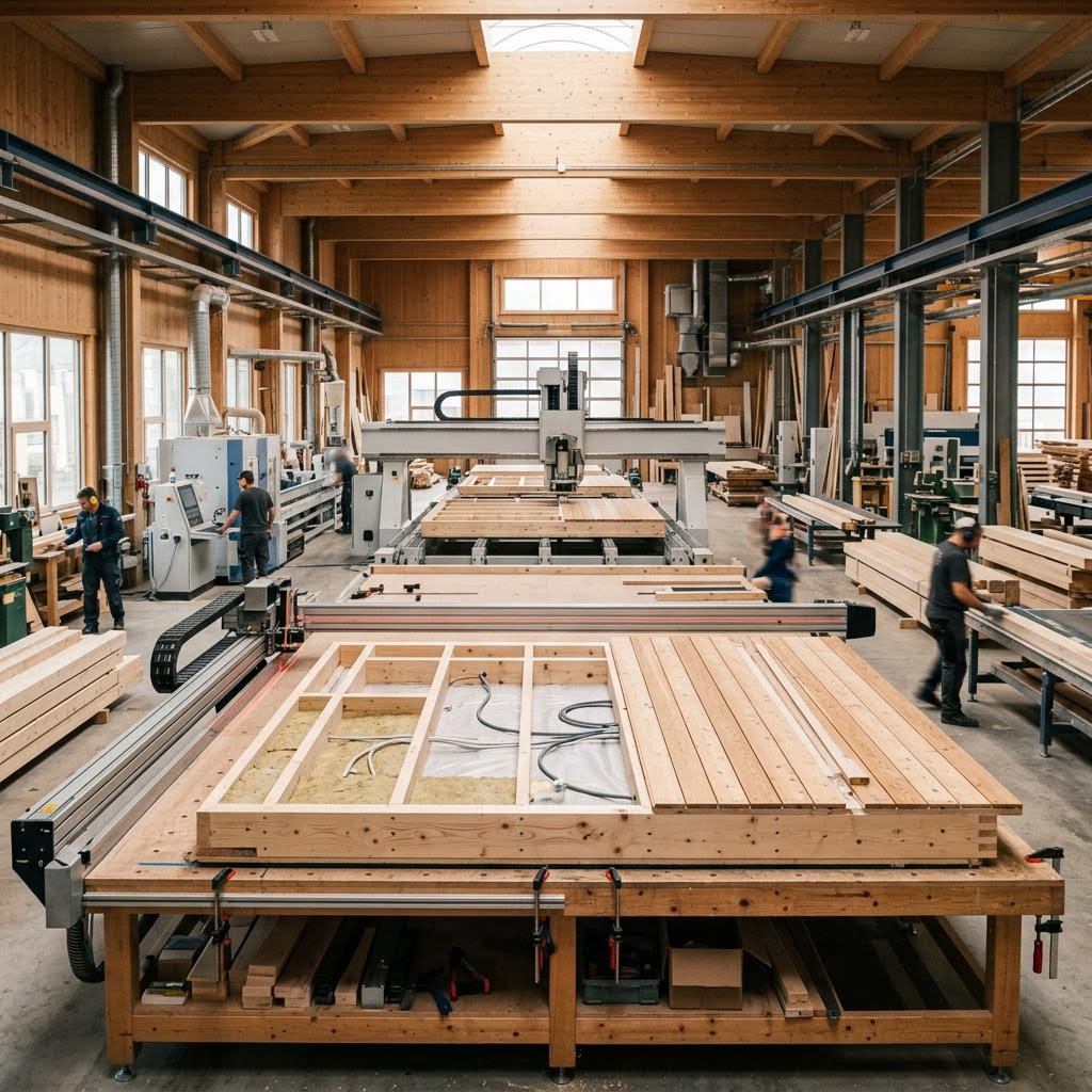 Präzise Werksfertigung eines Holz-Wandelements: Das QDF-Siegel steht für geprüfte Qualität im Fertighausbau