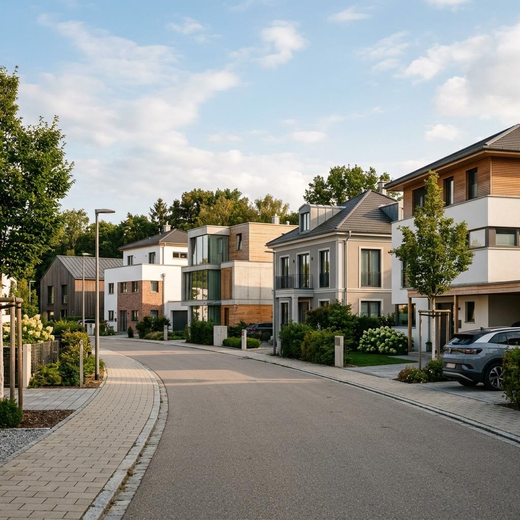 Unterschiedlich große Fertighäuser in einer Wohnstraße: Die Preisspanne am Fertighausmarkt reicht von 833 bis 5.088 Euro je Quadratmeter