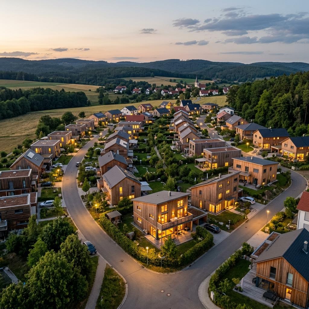 Neues Wohnviertel mit Fertighäusern aus der Luft: der Wochenrückblick zu Wärmepumpen-Boom, Preisen und Musterhaus-Termin