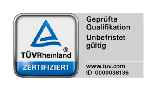 TÜV Rheinland ZERTIFIZIERT – geprüfte Qualifikation, ID 0000038136