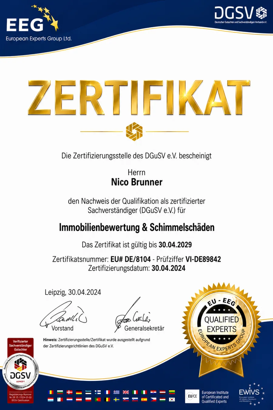 DGSV-Zertifikat: unser Sachverständiger, zertifizierter Sachverständiger für Immobilienbewertung und Schimmelschäden DGSV-Zertifikat: unser Sachverständiger, zertifizierter Sachverständiger für Immobilienbewertung und Schimmelschäden