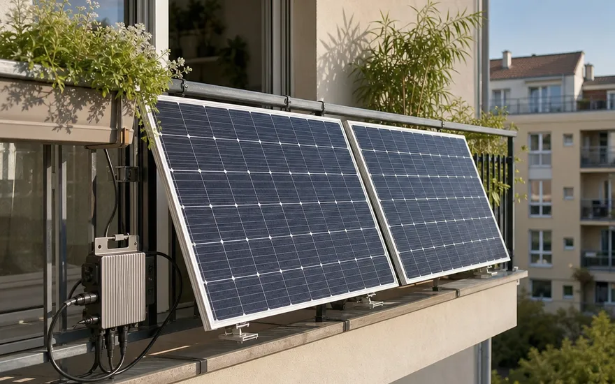 Balkonkraftwerk: Solarstrom für Mieter Balkonkraftwerk am Balkongeländer eines Mehrfamilienhauses – Stecker-Solaranlage mit Mikro-Wechselrichter für Mieter