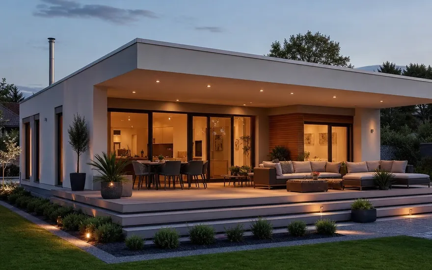 Bungalow schlüsselfertig: ebenerdig wohnen Moderner Bungalow schlüsselfertig mit Flachdach, großer Terrasse und Garten – ebenerdig wohnen im Fertighaus-Bungalow