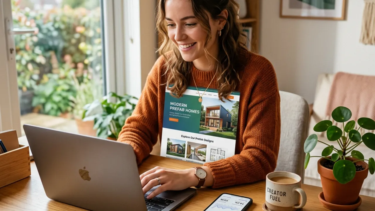 Content Creator bewirbt das Fertighaus-Affiliate-Programm am Laptop – Partnerprogramm auf Provisionsbasis für Webmaster und Influencer