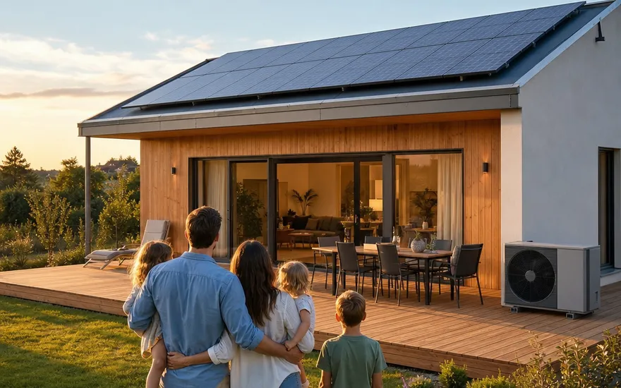 Fertighaus mit Klimaanlage und Photovoltaik ab Werk Fertighaus-Neubau mit Photovoltaik-Dach und Klimaanlagen-Außengerät neben der Terrasse – Kühlung von Anfang an mitgeplant