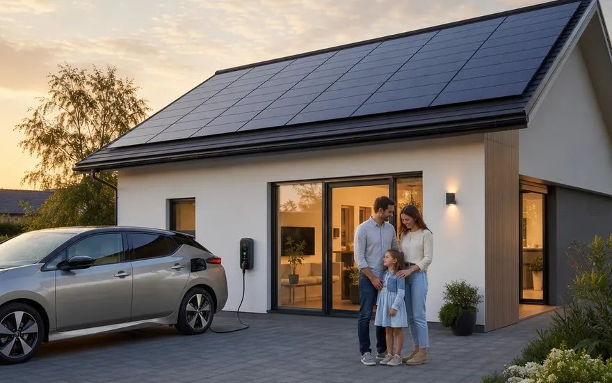 Fertighaus mit Photovoltaik, Speicher und Wallbox ab Werk Fertighaus-Neubau mit Photovoltaik-Volldach und Wallbox fürs E-Auto – Solaranlage von Anfang an mitgeplant