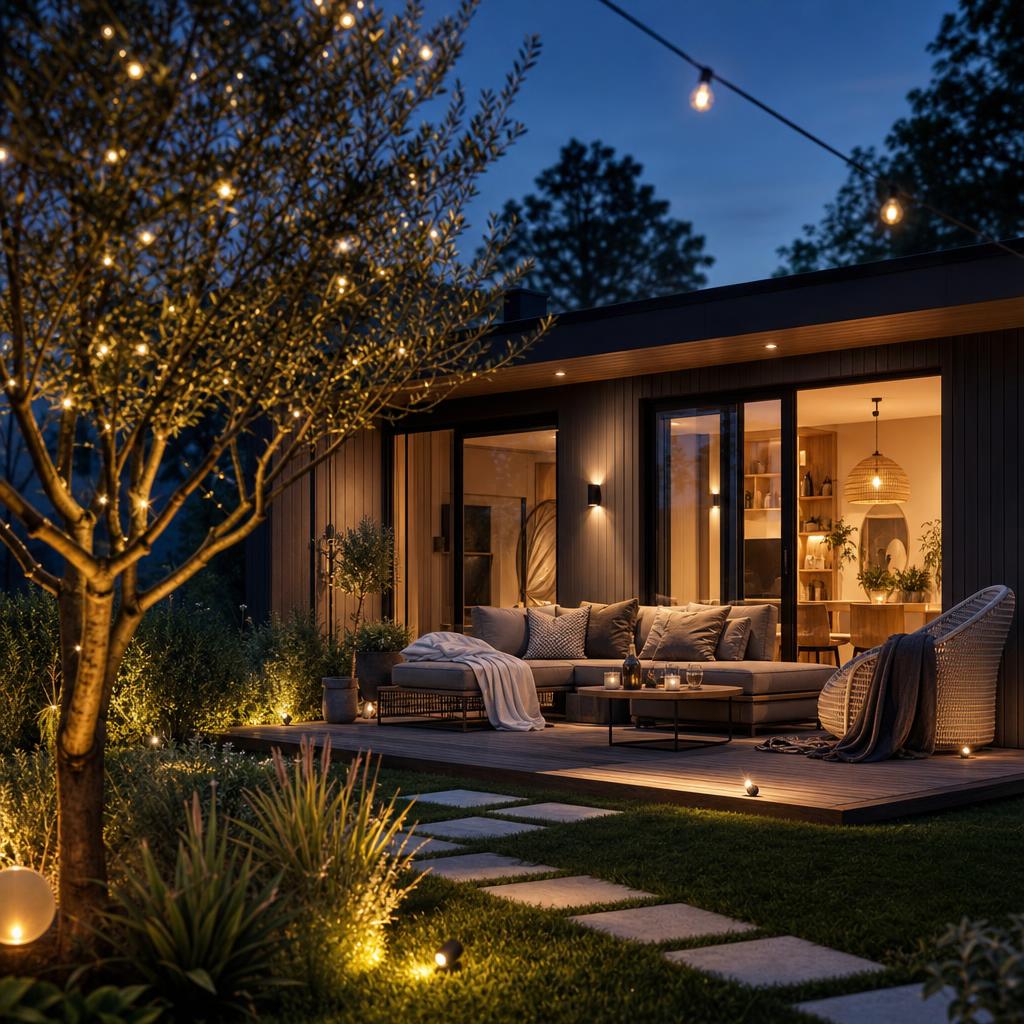 Beleuchtete Terrasse und Garten eines modernen Fertighauses am Abend – 3. bis 10. Preis im Gewinnspiel: Smart-Home- und Garten-Ausstattungspakete