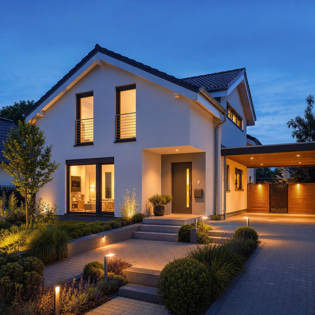 Modernes Fertighaus mit warm beleuchteten Fenstern und Garten in der Abenddämmerung – 1. Preis im Gewinnspiel: 5.000 Euro Hausbau-Gutschein für Ihr Fertighaus