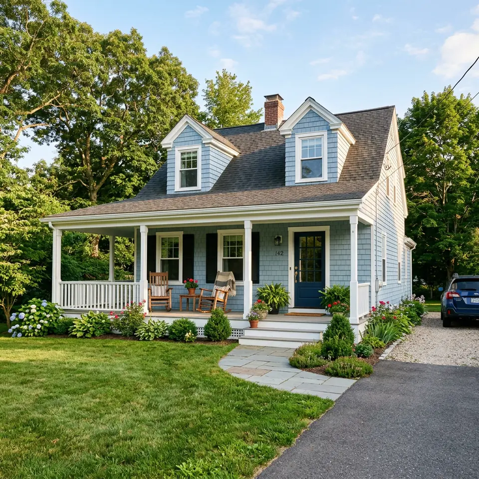 Amerikanisches Haus mit umlaufender Porch, Schaukelstuhl, hellblauen Holzschindeln und Giebelgauben – US-Stil in Deutschland 2026 Amerikanisches Haus mit umlaufender Porch, Schaukelstuhl, hellblauen Holzschindeln und Giebelgauben – US-Stil in Deutschland 2026