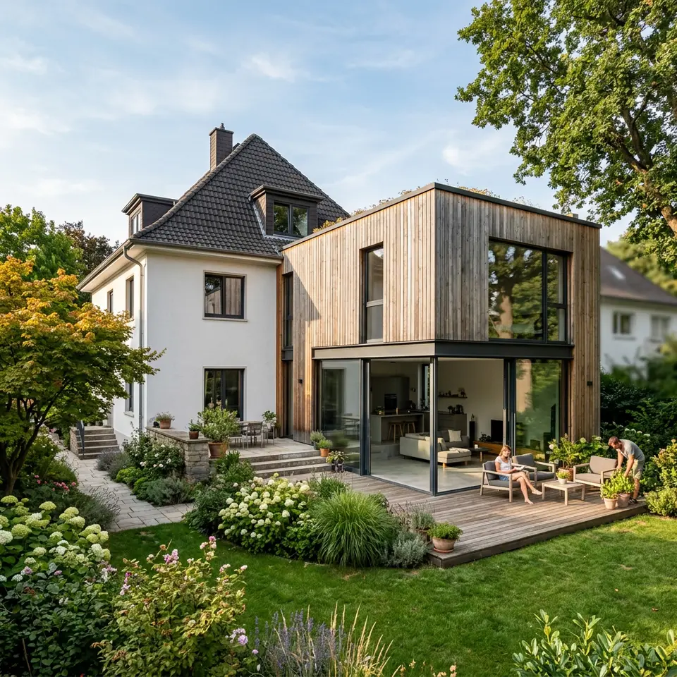 Kubischer Anbau mit Holzfassade und Eckverglasung erweitert ein weißes Bestandshaus zur Gartenseite – Wohnraum erweitern 2026
