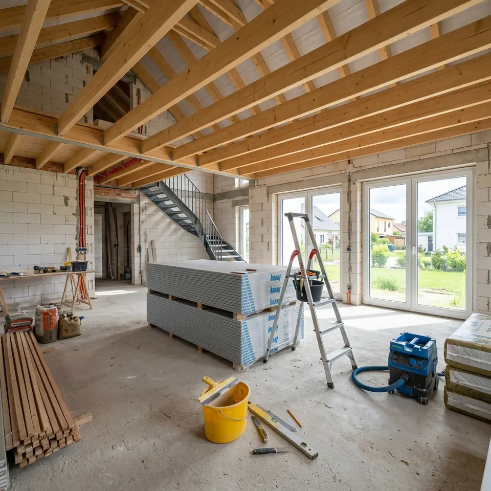 Innenausbau im Ausbauhaus: Rohbau-Wohnraum mit gestapelten Gipskartonplatten, Werkzeug und Leiter im Tageslicht – Eigenleistung 2026