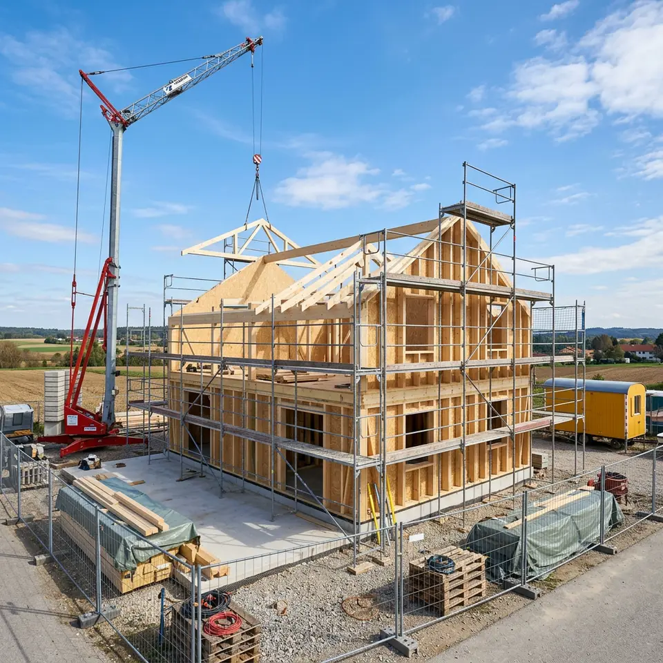 Bausatzhaus im Eigenbau: Rohbau aus vorgefertigten Holzelementen mit Gerüst und Baukran unter blauem Himmel – günstig selbst bauen 2026