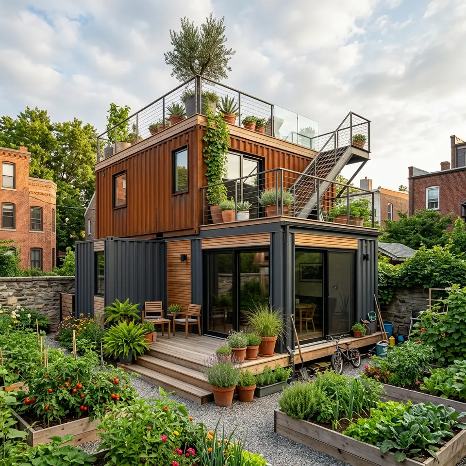 Containerhaus aus zwei gestapelten Modulen mit Cortenstahl-Optik, Dachterrasse und Holzdeck – Industrial Style 2026