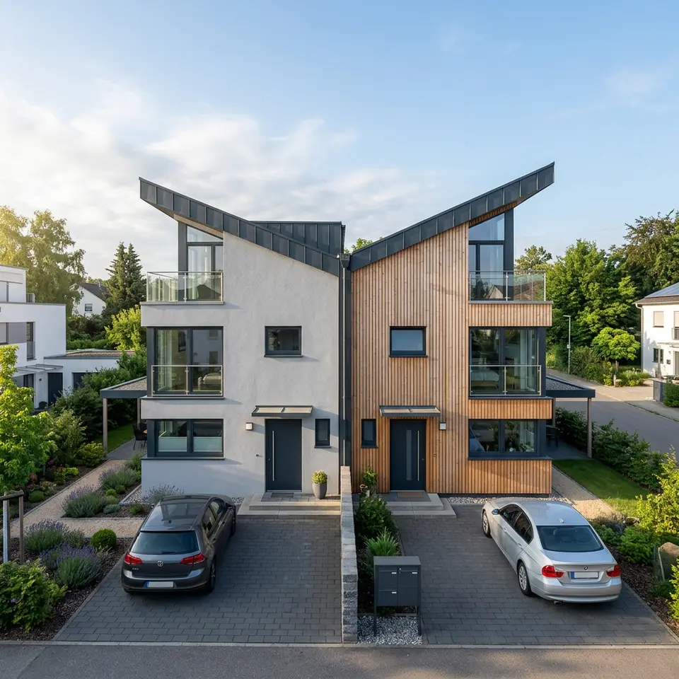 Doppelhaus mit versetzten Pultdächern, hellgrauer und holzverkleideter Haushälfte sowie getrennten Zufahrten – Doppelhaus bauen 2026