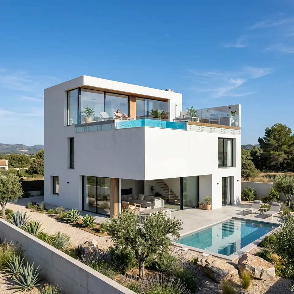 Kubisches Flachdachhaus im Bauhausstil mit weißem Putz, Dachterrasse mit Glasgeländer und Pool – klare Linien 2026 Kubisches Flachdachhaus im Bauhausstil mit weißem Putz, Dachterrasse mit Glasgeländer und Pool – klare Linien 2026