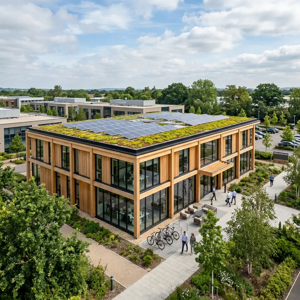 Moderner Gewerbebau in Holz-Hybrid-Bauweise mit begrüntem Flachdach und Photovoltaik – Gewerbe zum Festpreis 2026