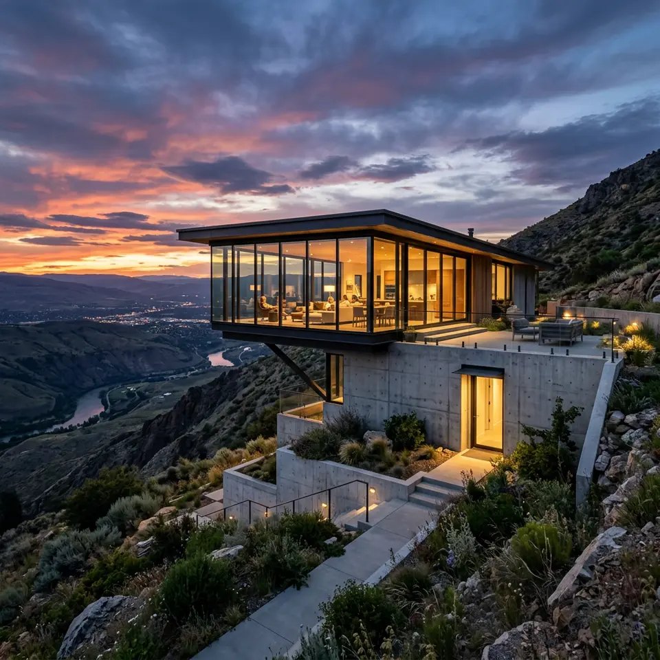 Hanghaus mit auskragendem Obergeschoss, Panoramaverglasung und Sichtbetonsockel über dem Tal – bauen am Hang 2026 Hanghaus mit auskragendem Obergeschoss, Panoramaverglasung und Sichtbetonsockel über dem Tal – bauen am Hang 2026