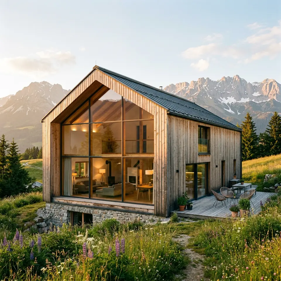Holzhaus mit vertikaler Lärchenfassade, großem Glasgiebel und Bergwiese im Hintergrund – natürlich bauen mit Holz 2026