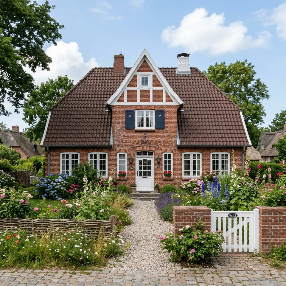 Kapitänshaus mit symmetrischer Klinkerfassade, mittigem Zwerchgiebel und Sprossenfenstern – norddeutscher Baustil 2026 Kapitänshaus mit symmetrischer Klinkerfassade, mittigem Zwerchgiebel und Sprossenfenstern – norddeutscher Baustil 2026