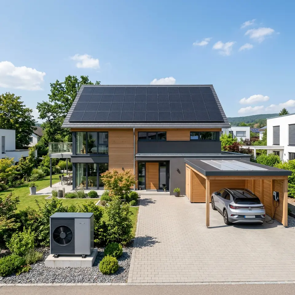 KfW-40-Effizienzhaus mit Photovoltaik-Dach, Wärmepumpe im Vorgarten und Wallbox am Carport – effizient bauen und fördern lassen 2026