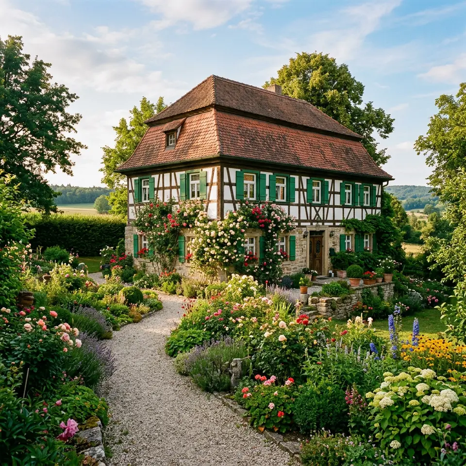 Landhaus mit Krüppelwalmdach, grünen Fensterläden, Rosenspalier und Kiesweg im Bauerngarten – Landhausstil 2026 Landhaus mit Krüppelwalmdach, grünen Fensterläden, Rosenspalier und Kiesweg im Bauerngarten – Landhausstil 2026