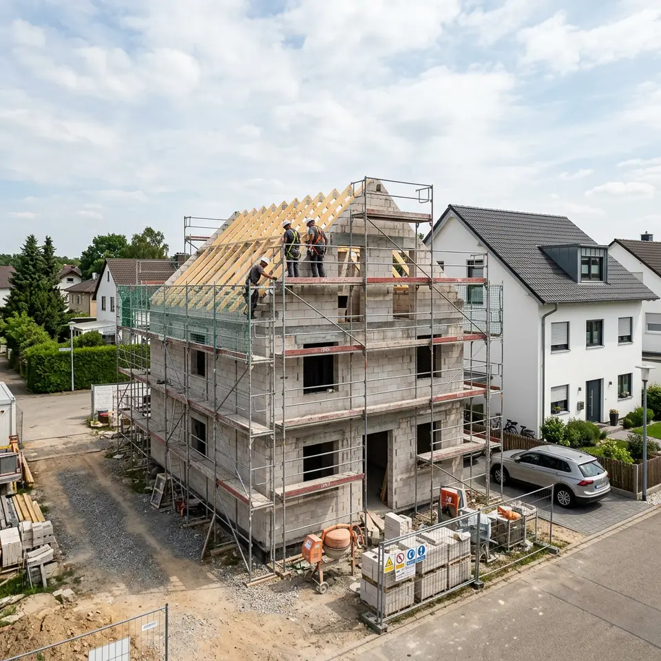 Massivhaus-Rohbau aus Kalksandstein mit Gerüst neben fertig verputztem weißem Wohnhaus – Stein auf Stein 2026 Massivhaus-Rohbau aus Kalksandstein mit Gerüst neben fertig verputztem weißem Wohnhaus – Stein auf Stein 2026