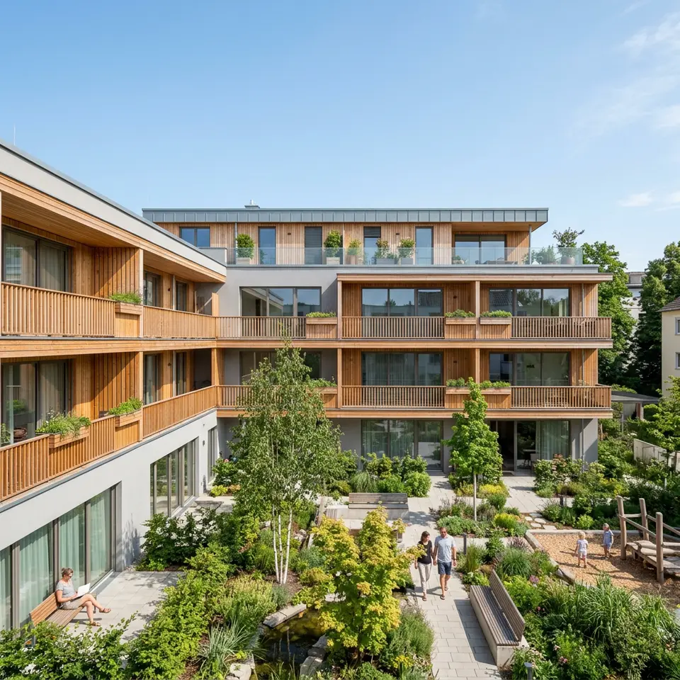 Mehrfamilienhaus mit Staffelgeschoss, Holzbalkonen und begrüntem Innenhof – Neubau als Kapitalanlage 2026