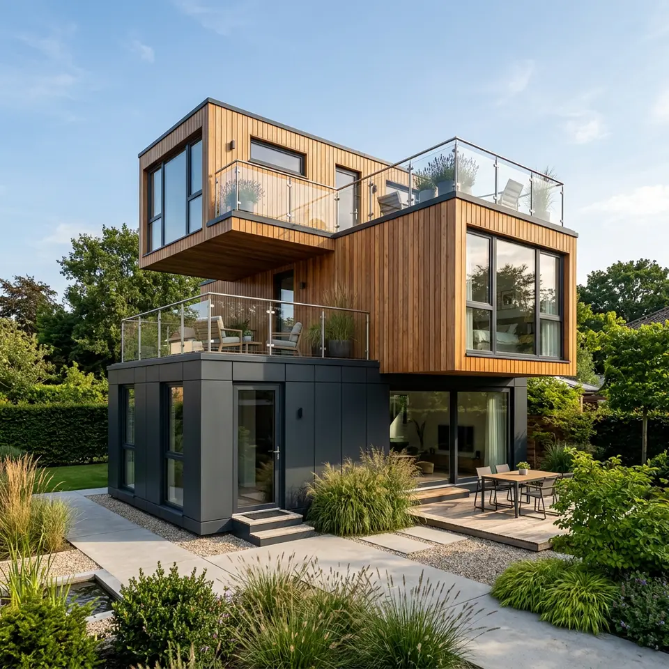 Modulhaus aus drei versetzt gestapelten Raummodulen mit Holz- und Anthrazitfassade und Dachterrasse – Modulbau 2026