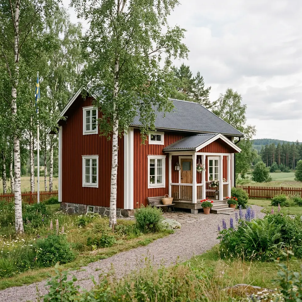 Schwedenhaus in Falunrot mit weißen Eckleisten, Sprossenfenstern und Veranda im Birkengarten – skandinavisch wohnen 2026 Schwedenhaus in Falunrot mit weißen Eckleisten, Sprossenfenstern und Veranda im Birkengarten – skandinavisch wohnen 2026