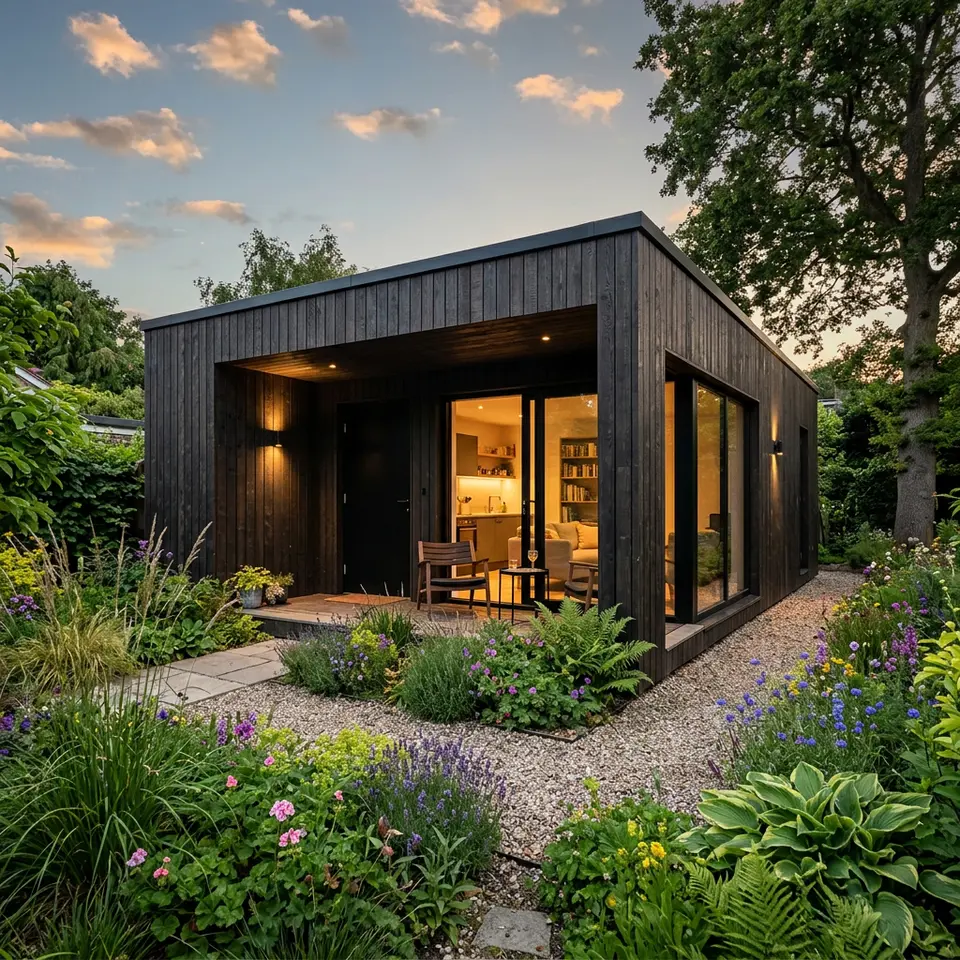 Kompaktes Singlehaus mit Flachdach, dunkler Holzfassade, Loggia und kleinem Staudengarten – klein und fein wohnen 2026 Kompaktes Singlehaus mit Flachdach, dunkler Holzfassade, Loggia und kleinem Staudengarten – klein und fein wohnen 2026