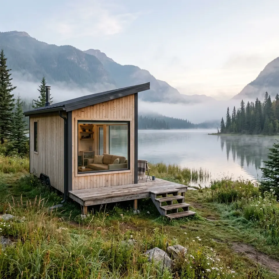 Tiny House mit heller Holzfassade, Pultdach, Panoramafenster und Sitzstufen am Seeufer – kompakt wohnen 2026