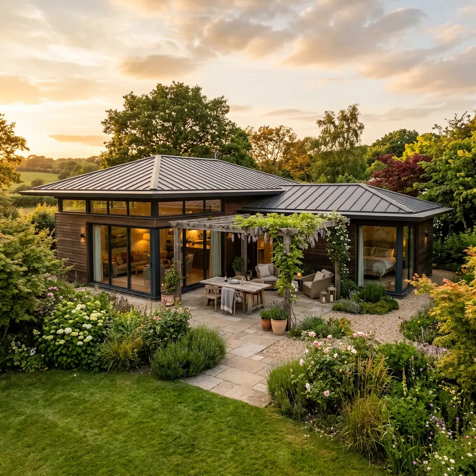 Winkelbungalow in L-Form mit Zeltdach und geschützter Terrasse mit Pergola zwischen den Gebäudeflügeln – ebenerdig 2026 Winkelbungalow in L-Form mit Zeltdach und geschützter Terrasse mit Pergola zwischen den Gebäudeflügeln – ebenerdig 2026