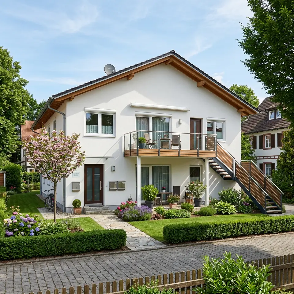 Zweifamilienhaus mit einer Wohnung je Etage, Balkon, Außentreppe und zwei Briefkästen am Eingang – zwei Parteien 2026 Zweifamilienhaus mit einer Wohnung je Etage, Balkon, Außentreppe und zwei Briefkästen am Eingang – zwei Parteien 2026