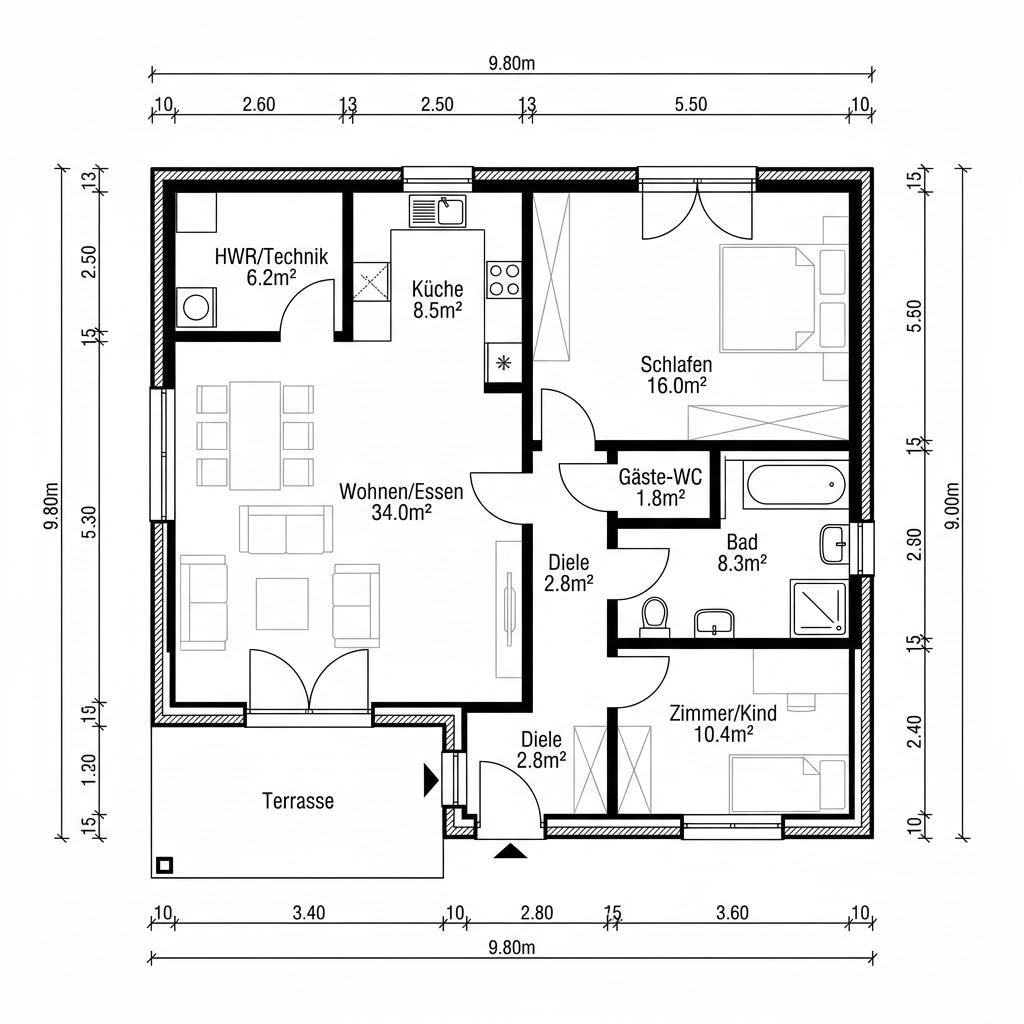 Grundriss Lifetime 1 Winkelbungalow von allkauf haus — 88 m², 3 Zimmer