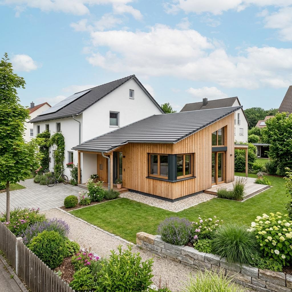 Anbau-Modul Anbau Holzmodul 70 von Baufritz mit Schleppdach — Fertighaus-Wohnmodul mit 70 m²