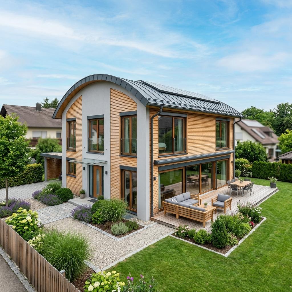 Einfamilienhaus Atelierhaus Tonne 155 von Baufritz mit Tonnendach — 155 m²