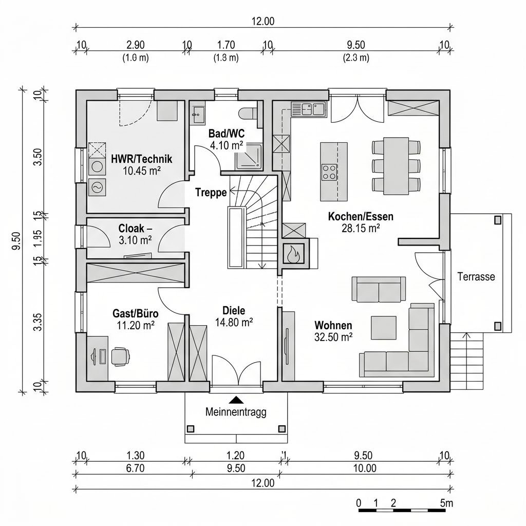 Grundriss Atelierhaus Tonne 155 von Baufritz — 155 m², 5 Zimmer