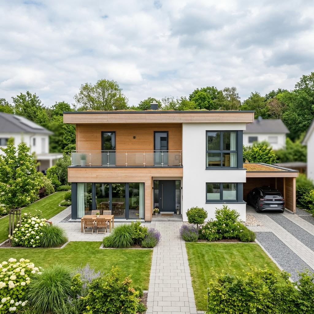 Flachdachhaus Haus Lozzi von Baufritz — Holztafelbau mit 158 m²