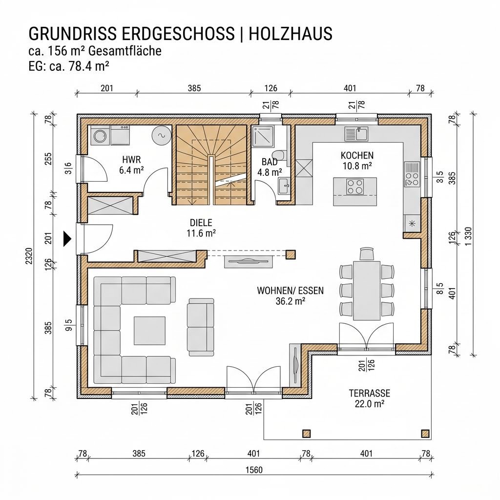 Grundriss Holzhaus Alpin 156 von Baufritz — 156 m², 5 Zimmer