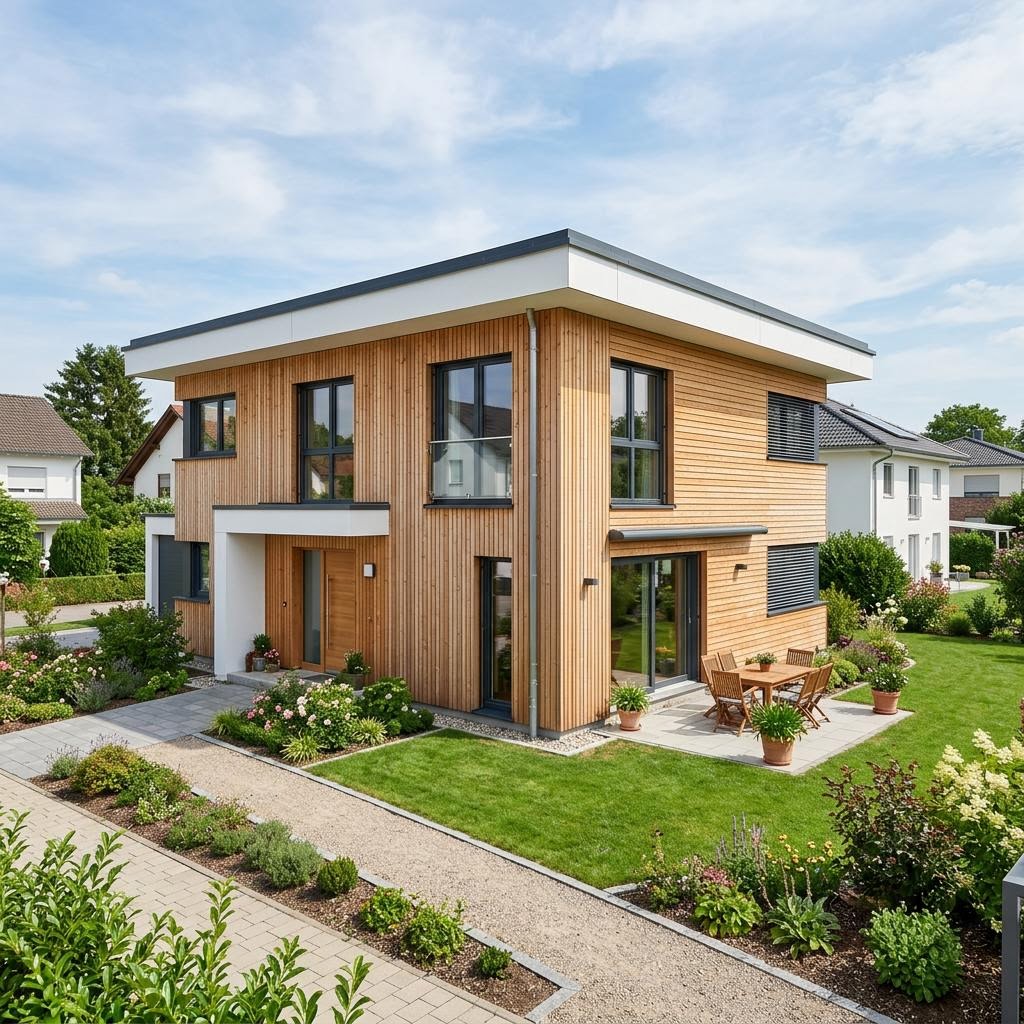 Holzhaus Kubus 142 von Baufritz — kubisches Holzrahmenhaus mit Flachdach und 142 m²