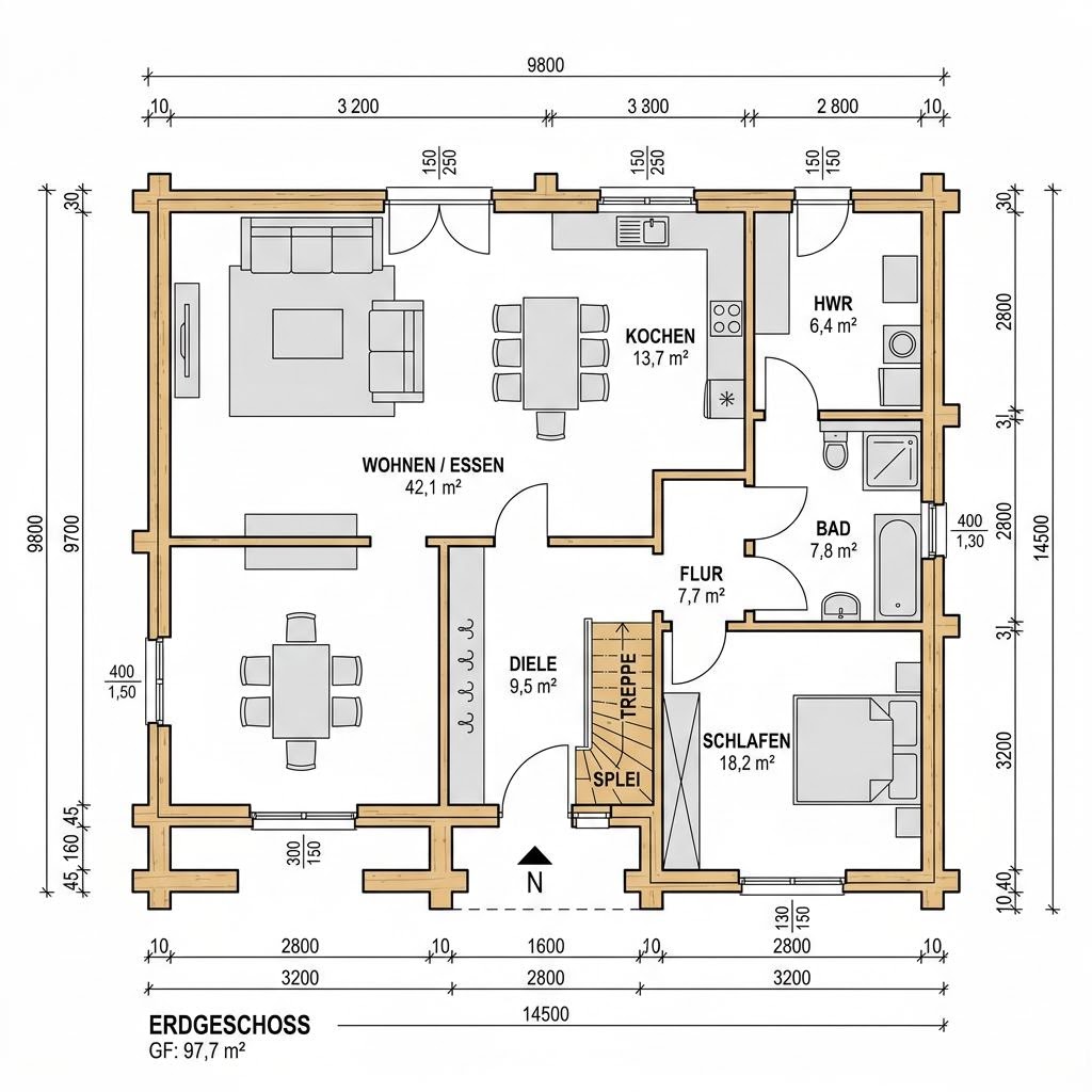 Grundriss Holzhaus Kubus 142 von Baufritz — 142 m², 5 Zimmer