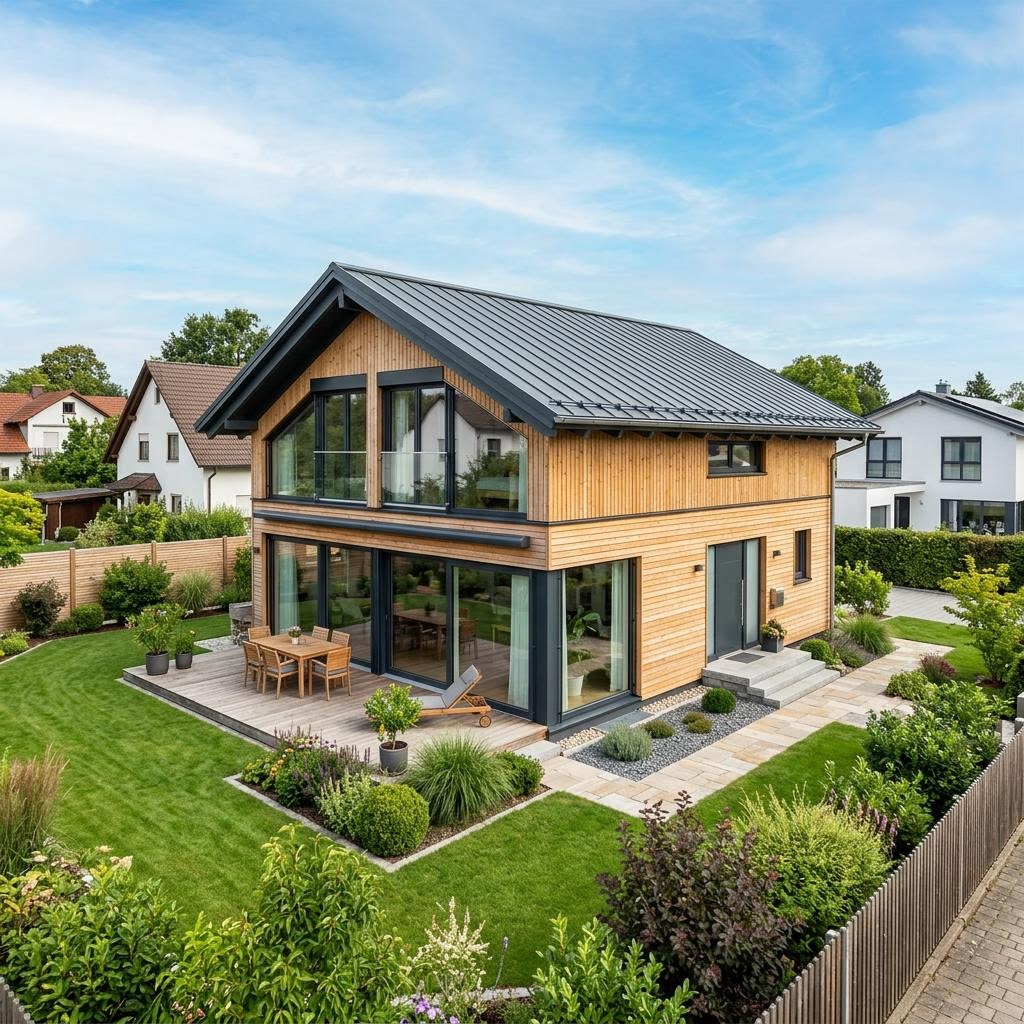 Holzhaus Panorama 184 von Baufritz — modernes Holzrahmenhaus mit Pultdach und 184 m²