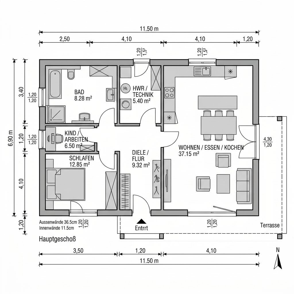Grundriss Singlehaus Sonnentonne 79 von Bio-Solar-Haus — 79 m², 2 Zimmer
