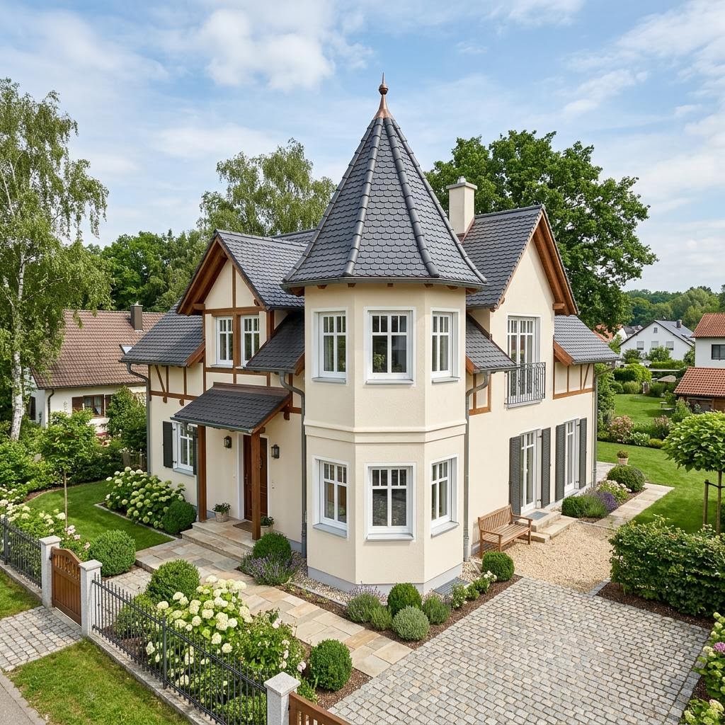 Stadtvilla Klassik Turm 149 von Büdenbender Hausbau mit Turmdach — 149 m²