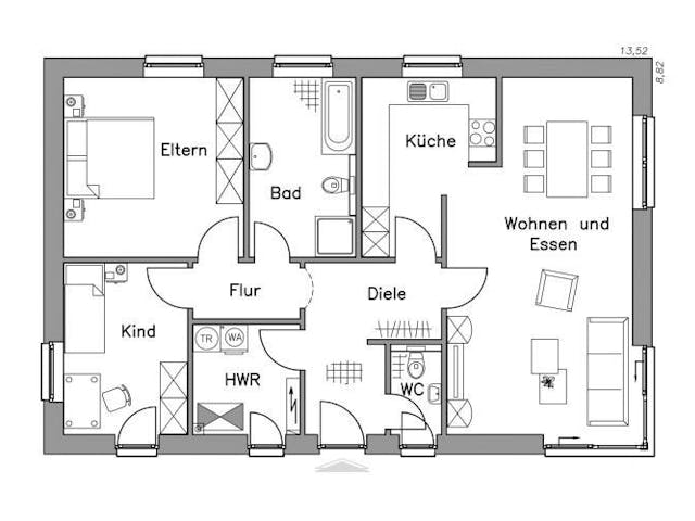 Grundriss Bungalow BL 95 Variante M mit Preis – 94 m² Bungalow