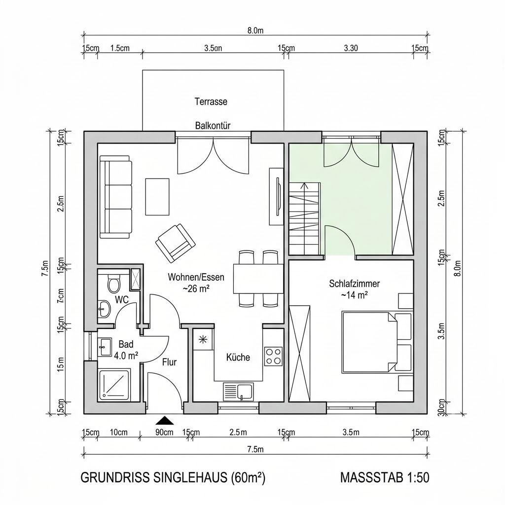 Grundriss FlexHome FH 60 von Haas Fertigbau — 60 m², 2 Zimmer