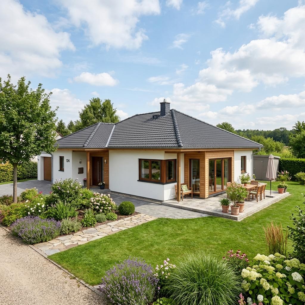 Bungalow SH 124 B von ScanHaus Marlow mit Walmdach — barrierearmes Fertighaus mit 124 m²
