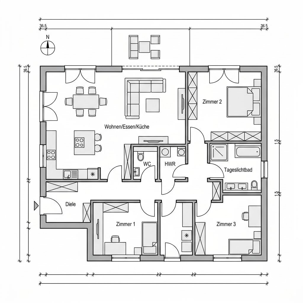 Grundriss Bungalow SH 124 B von ScanHaus Marlow — 124 m², 4 Zimmer