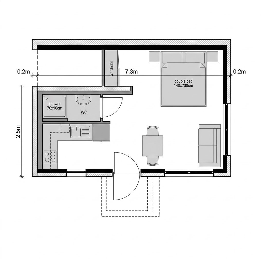 Grundriss Wohncontainer W4 von Conliving — 18 m², 1 Zimmer