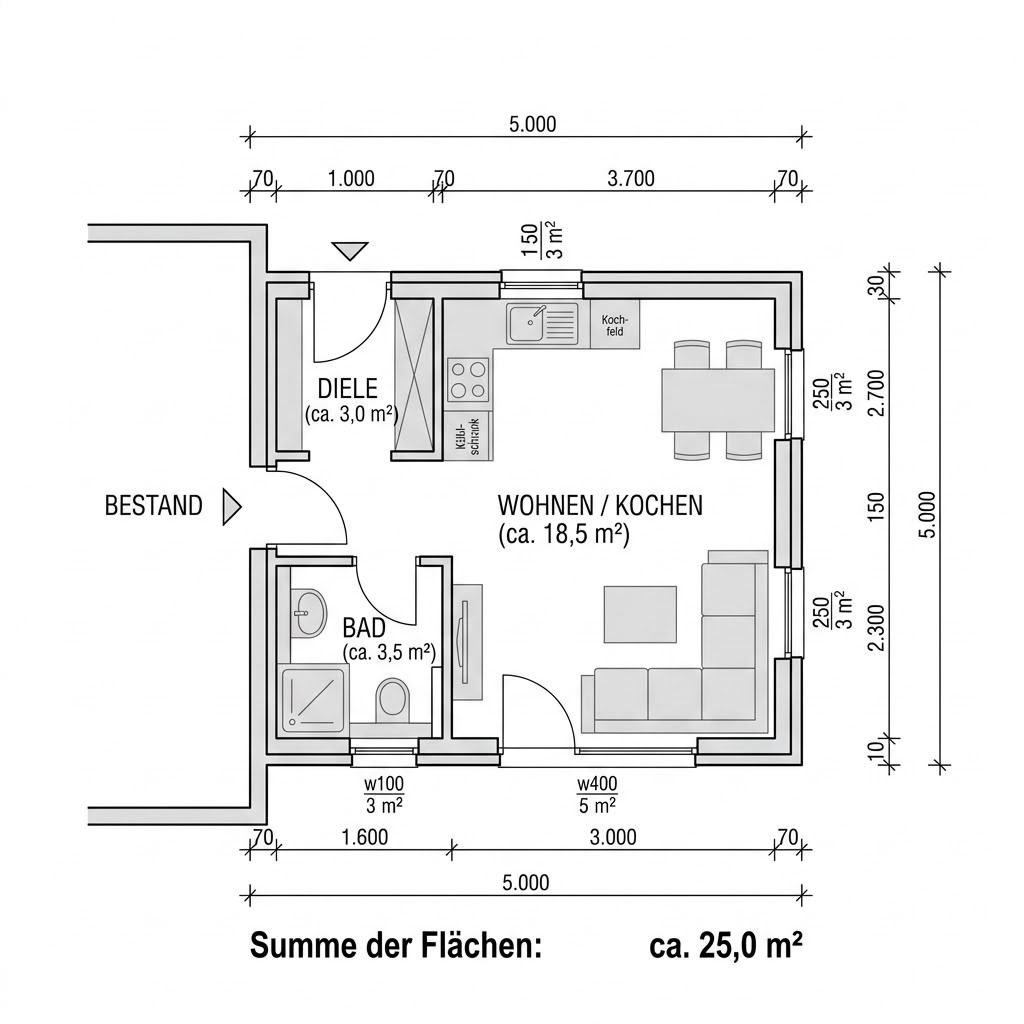 Grundriss Aufstockung Modul 25 von Containerwerk — 25 m², 1 Zimmer